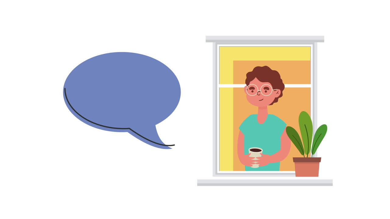 hombre en una ventana con una taza de café y burbuja de habla