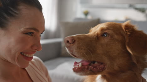 woman kissing pet muzzle at home expressing love to adorable animal close up.
