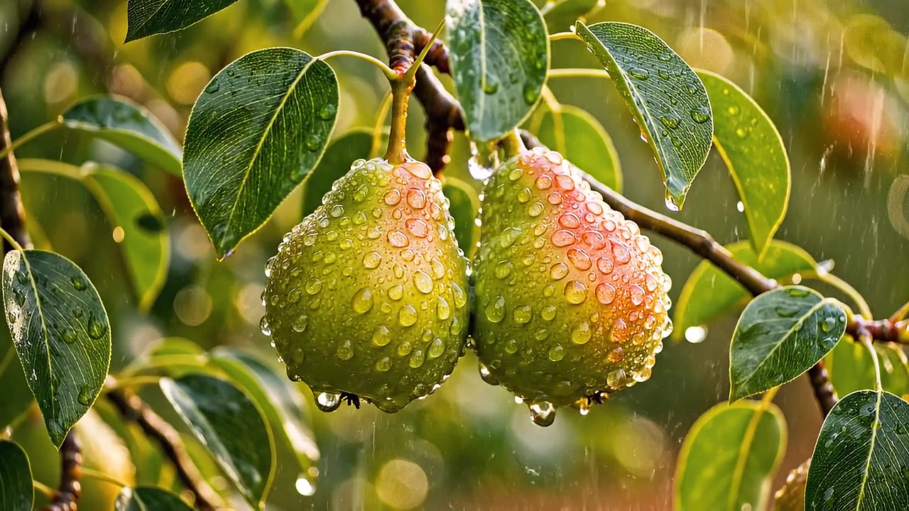 Due pere fresche e mature appese a un ramo con gocce di pioggia.