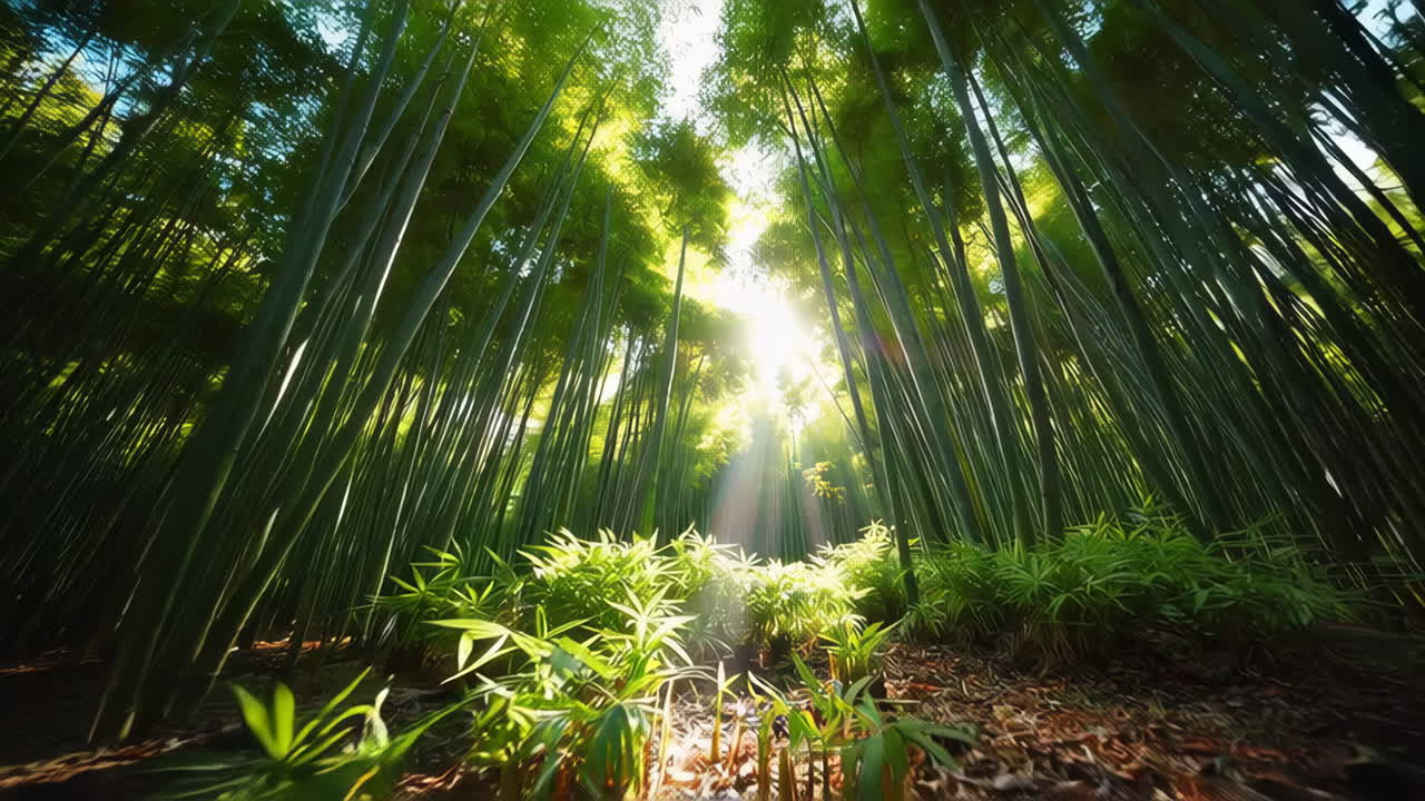 la luz del sol fluye a través de un exuberante bosque de bambú