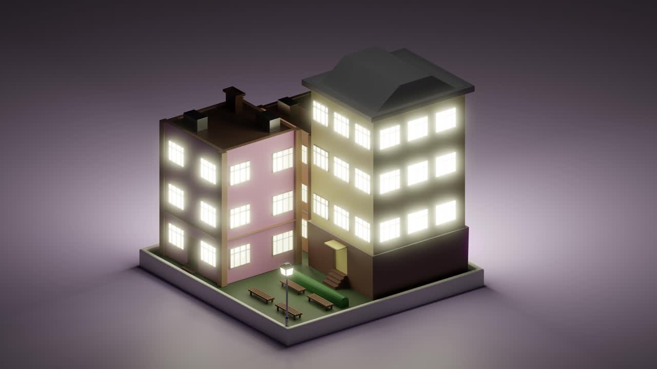3D loop of multistory residential building at night. Isometric view