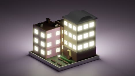 3D loop of multistory residential building at night. Isometric view