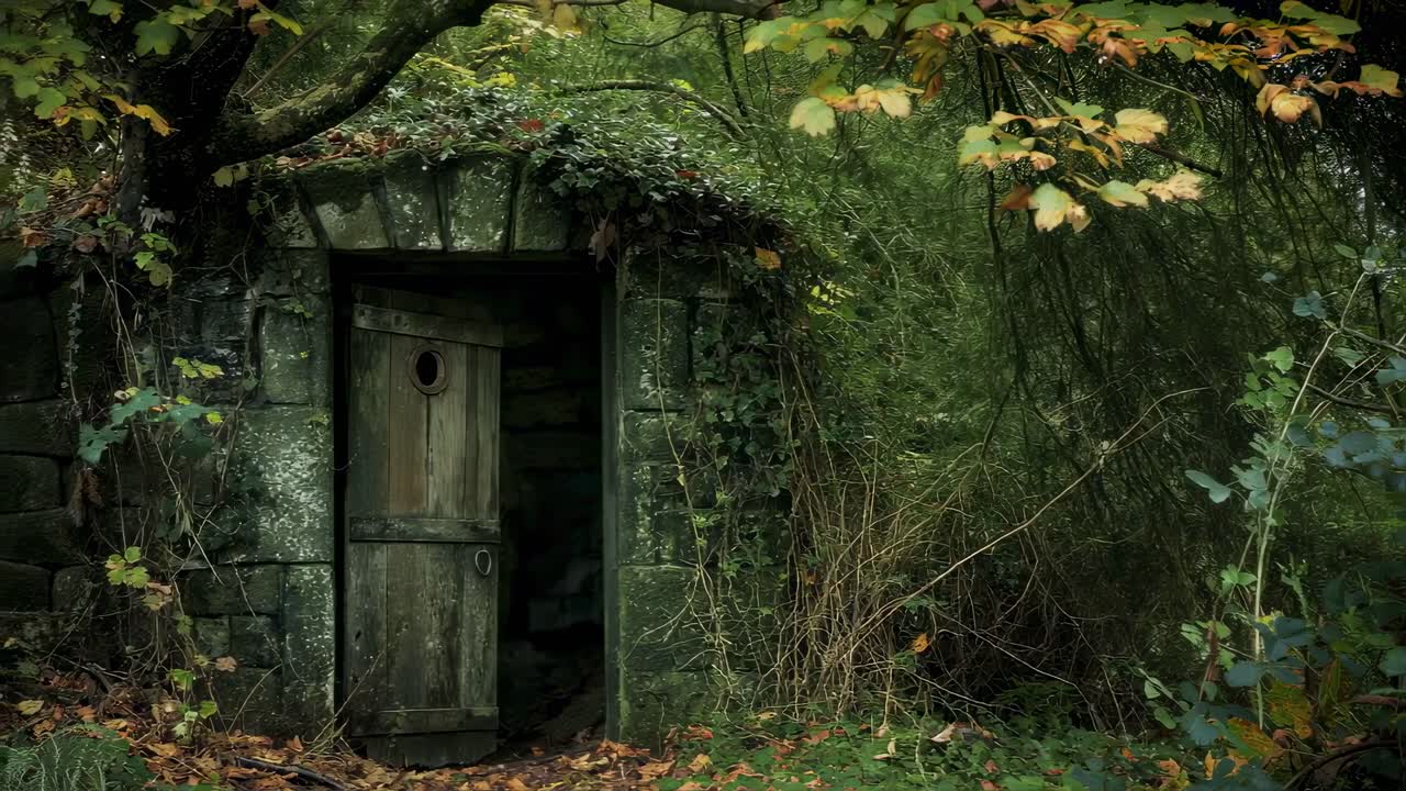 Moss, vines and autumn leaves cover the stone archway of a mysterious cellar hidden in a dark forest, with a weathered wooden door slightly ajar