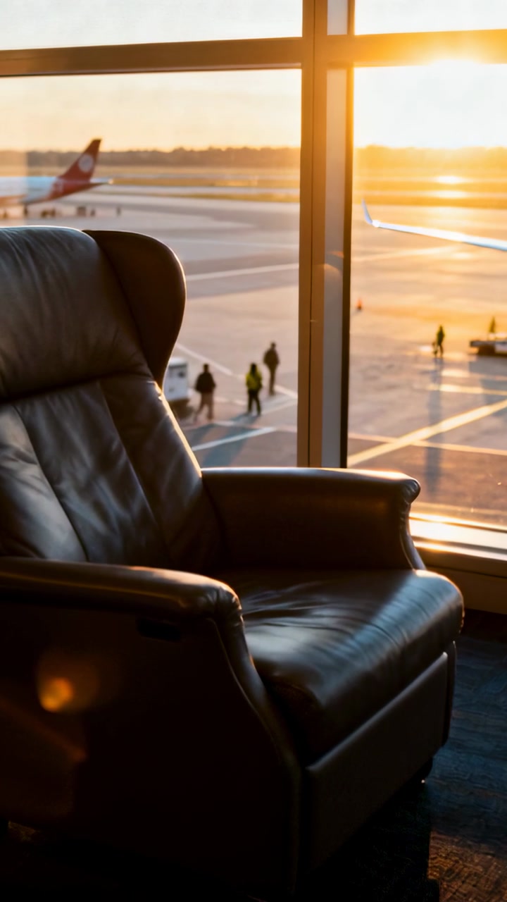 Vertical video: Showing leather chair reflecting low sun at gate, crew in vests moving, copy space
