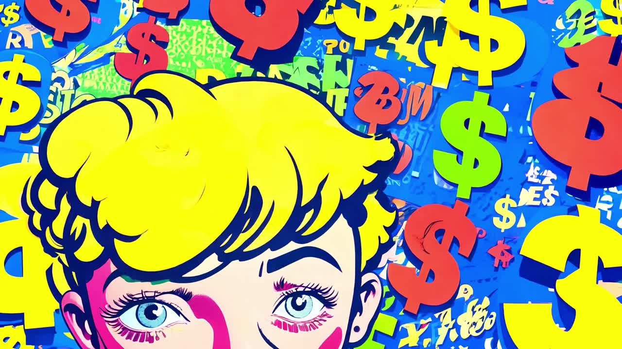 Colagem de Pop Art com Rosto de Mulher e Símbolos de Dólar