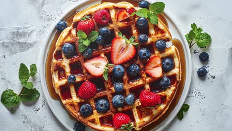 delicious waffle with strawberries and blueberries