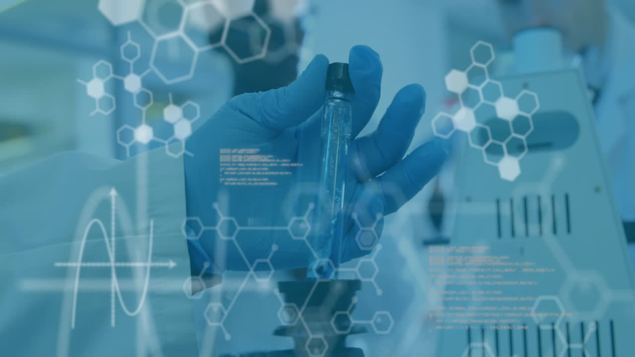 animazione dell'elaborazione di dati scientifici su uno scienziato maschio in laboratorio