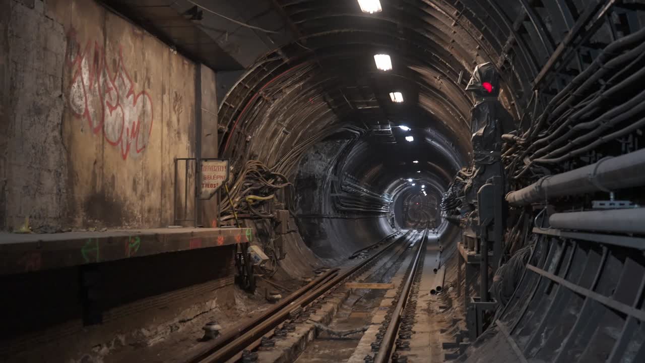 A deserted metro tunnel under renovation with visible graffiti and detailed infrastructure