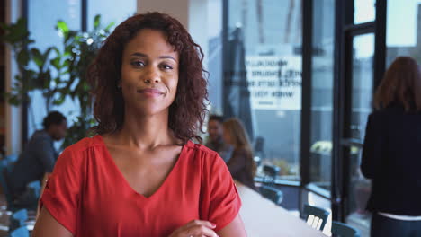portrait of businesswoman standing in busy modern open plan office  with colleagues in background