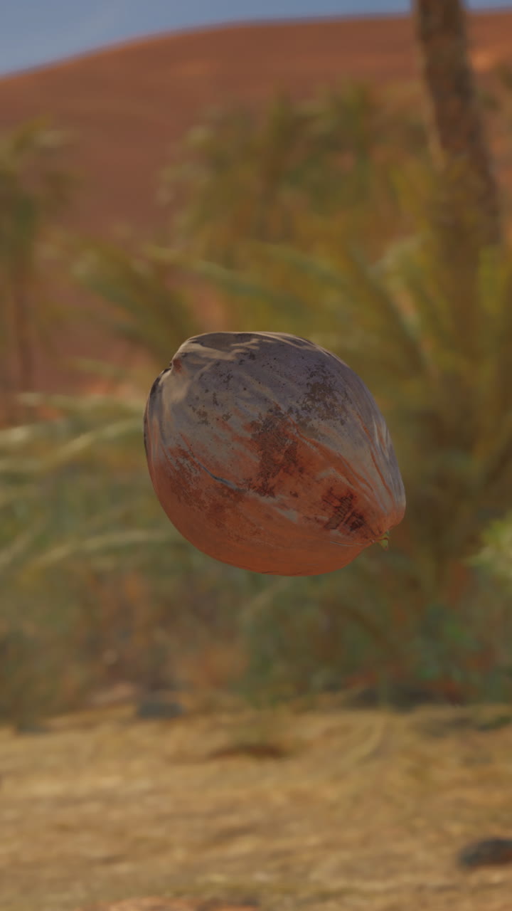 cerca de un coco colgando de una palmera en un desierto
