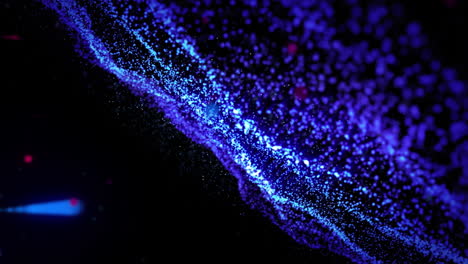 animación de meteoros rojos y azules golpeando una pared de partículas azules sobre un fondo negro.