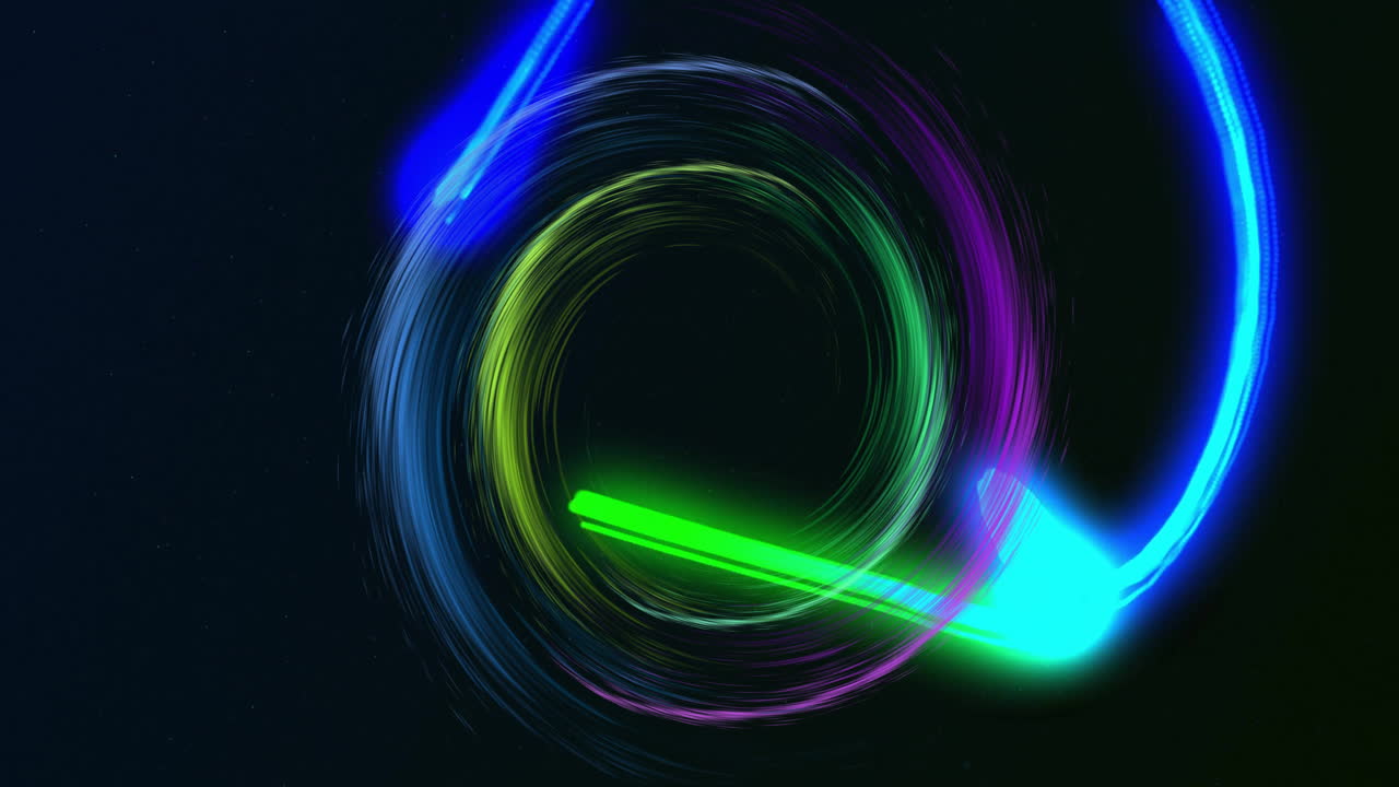 Animation of colourful light trails forming circles on black background