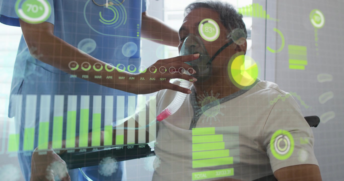 Nurse placing mask on patient for medical oxygen, adjusting tubing, HUD charts monitoring vitals