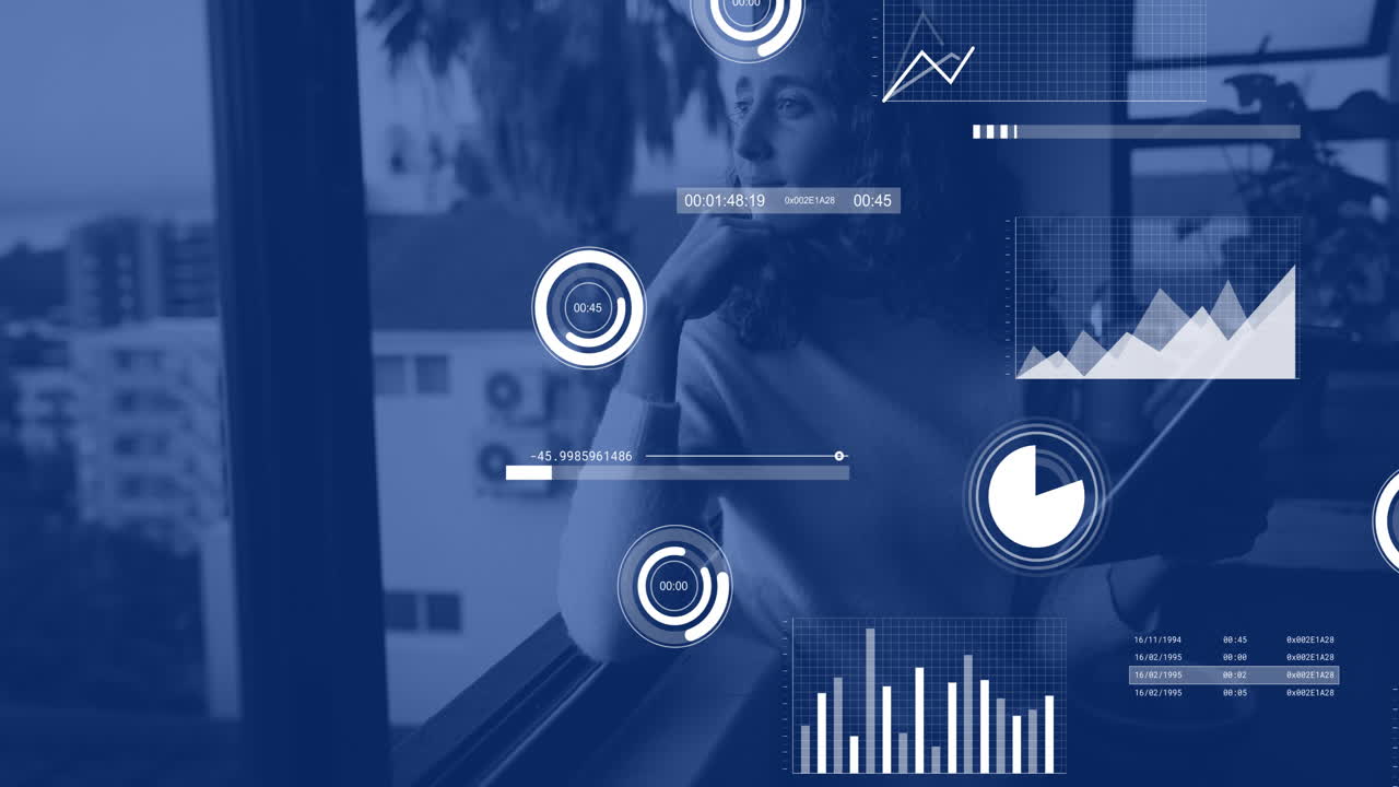 Animation of data processing and diagrams over caucasian woman thinking