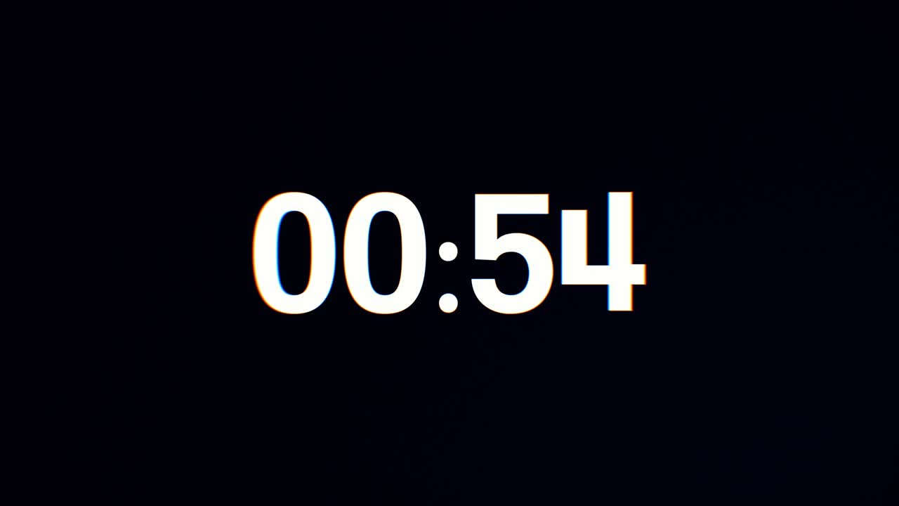 60 Seconds Glitch interference countdown numbers. 1 minute countdown. 30 or 10 seconds. White digits on a Black Background