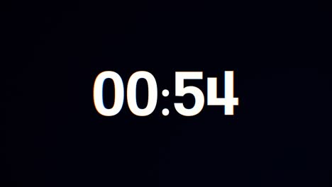 60 seconds glitch interference countdown numbers. 1 minute countdown. 30 or 10 seconds. white digits on a black background