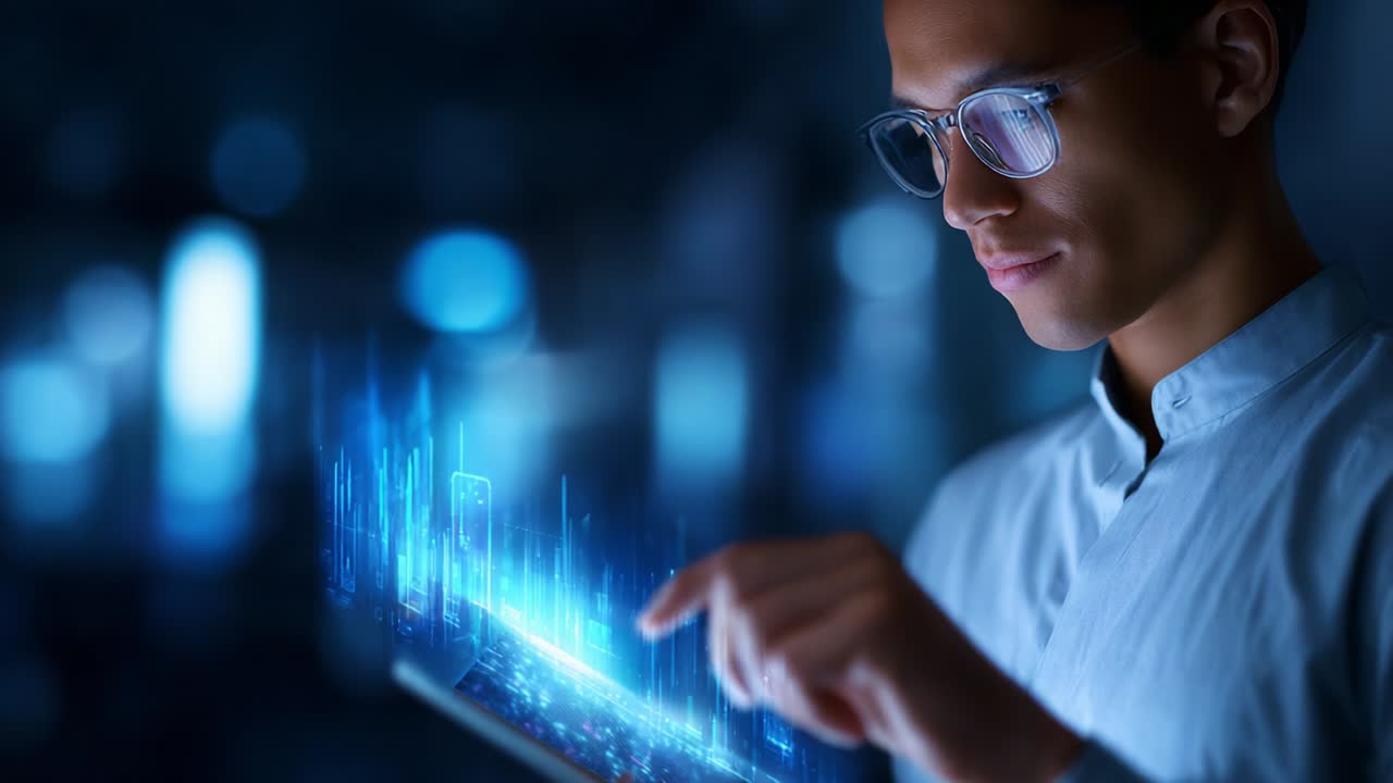 Engaging in Data Analysis: A Focused Individual Interacts with a Futuristic Display of Virtual Graphs and Metrics, Indicating Insights on Performance and Trends in a High-Tech Environment