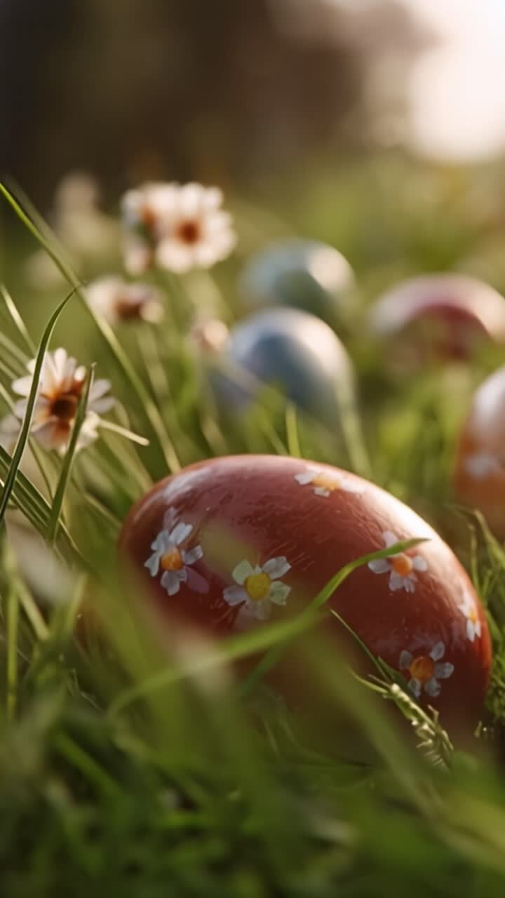 Colorful decorative Easter eggs resting in lush green grass under the warm sunlight, creating a vibrant and festive atmosphere of spring celebration and renewal