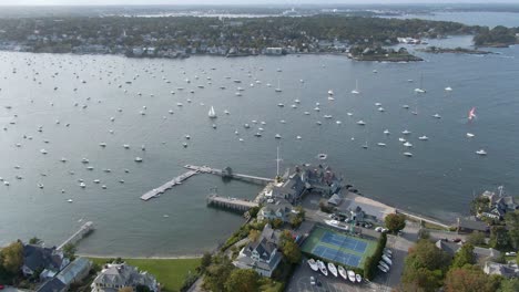 aerial view of historic marblehead town center and marblehead harbor, marblehead, massachusetts ma, usa - drone shot