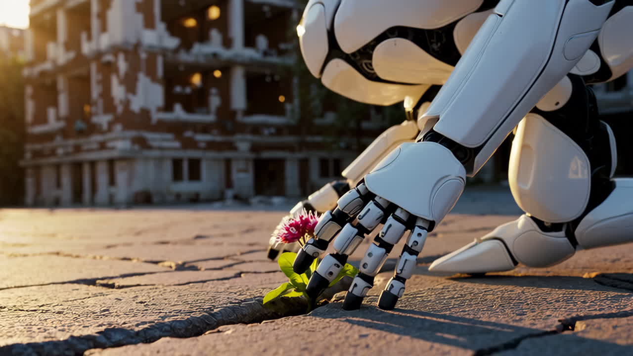 Robot tending a flower in a ruined city