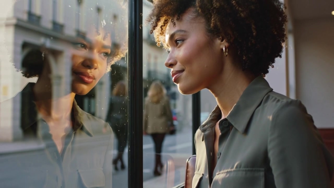 Watching reflection, woman wearing olive shirt holding phone at cafe window, people drawing gaze