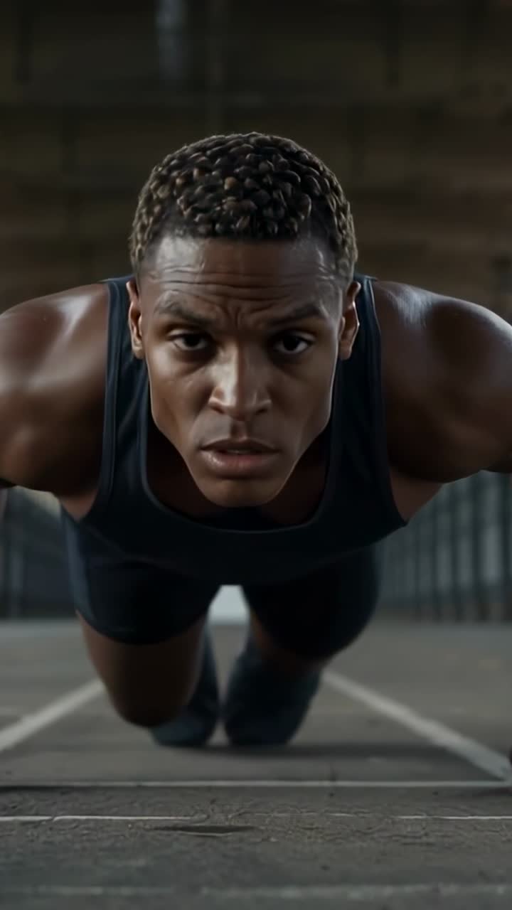 Video verticale: set iniziale, atleta che fa flessioni sul pavimento segnato della palestra, allenamento con canotta scura