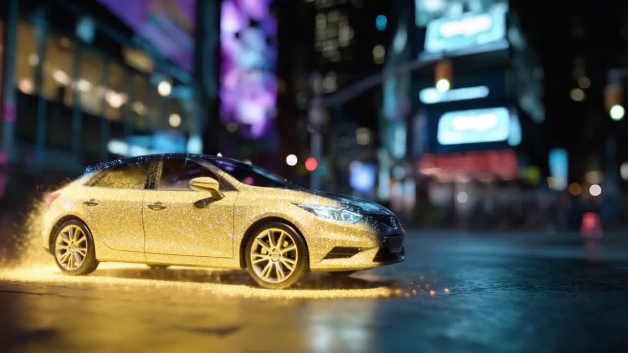 Una vista affascinante di un'auto scintillante sullo sfondo di una città vivace, che mette in mostra effetti di luce brillanti e un senso di movimento che cattura la scena