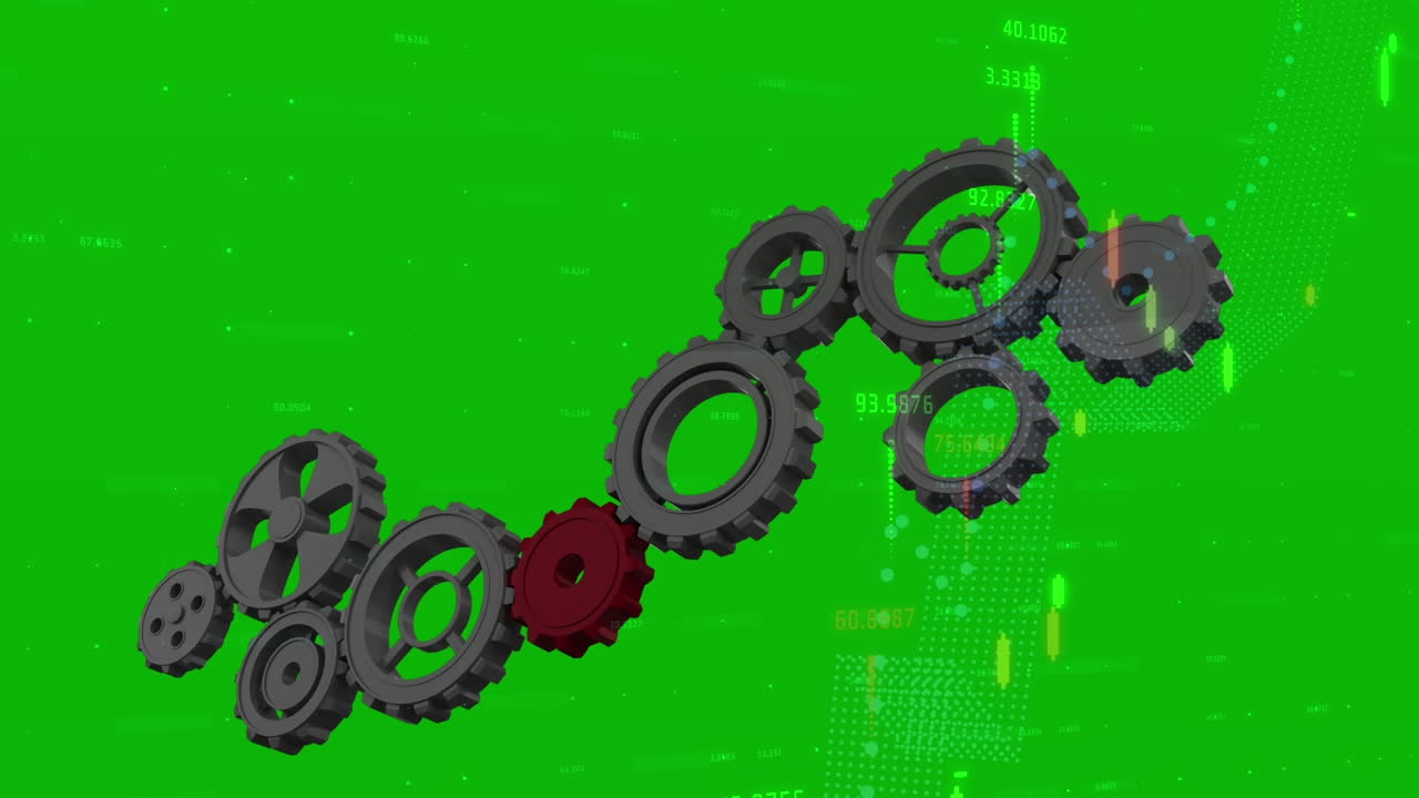 Animation of gears rotating over data on green background