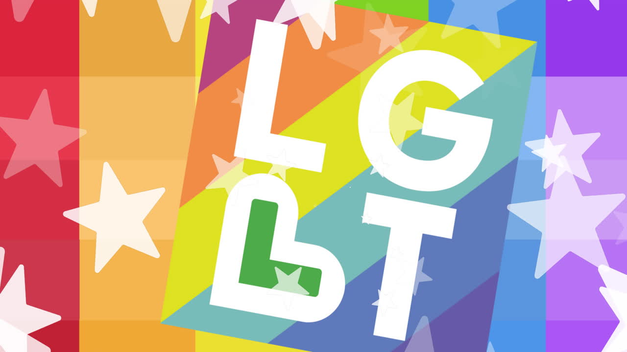 레인보우 배경에 lgbt 텍스트가 있는 별들의 애니메이션