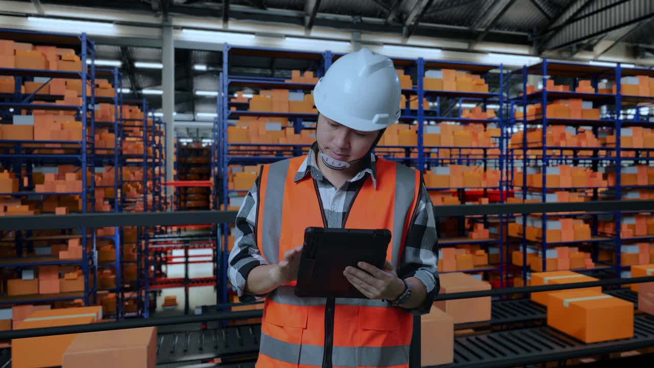 ingeniero masculino asiático con casco de seguridad trabajando en una tableta mientras está de pie en el almacén con estantes llenos de productos de entrega