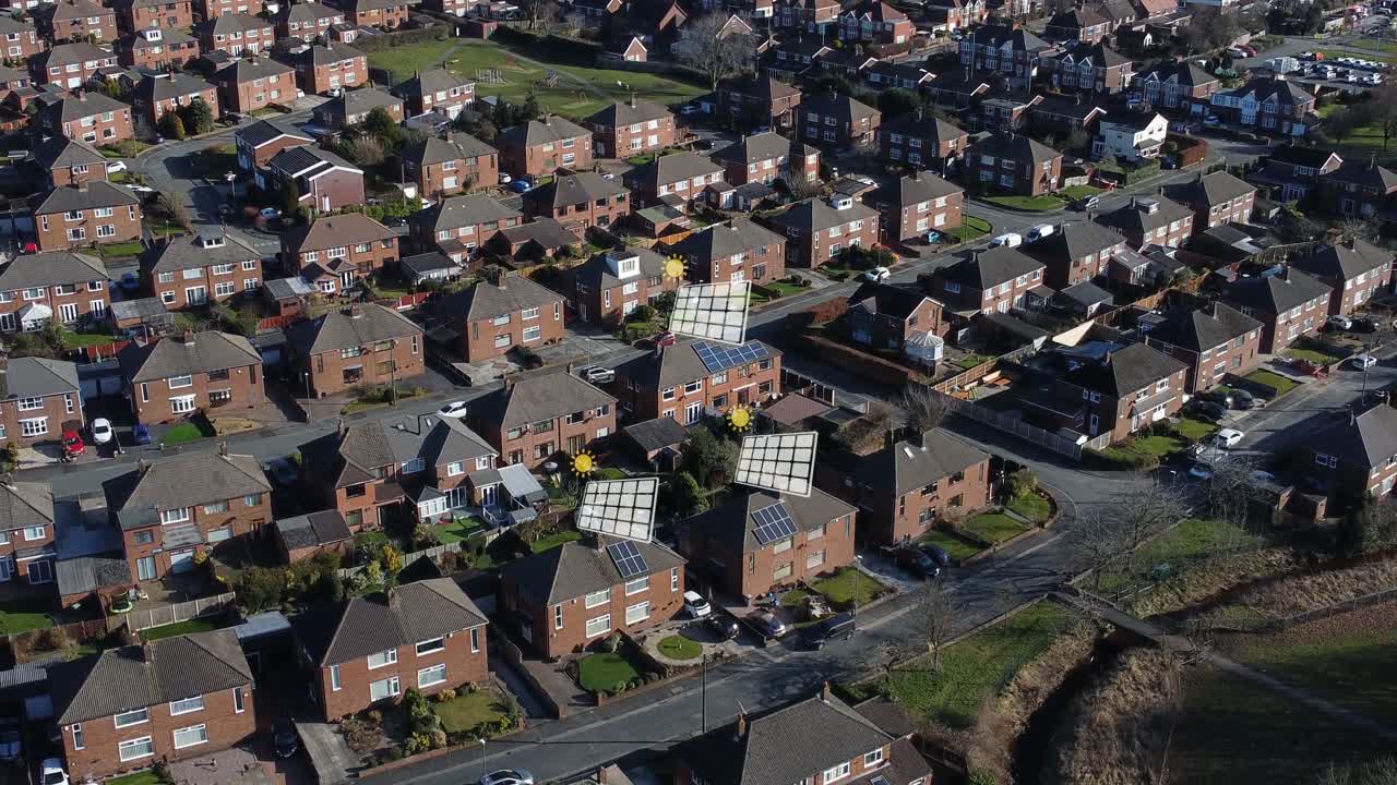 superposición de gráficos de paneles solares parpadeando sobre las propiedades de los vecindarios británicos utilizando la vista aérea de la tecnología