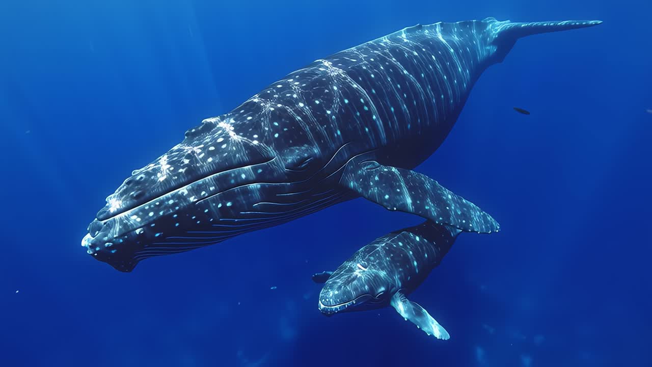 Mother humpback whale swimming with calf in blue ocean
