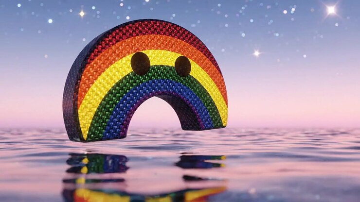 Una vivace faccina sorridente arcobaleno che galleggia su acque serene sotto un cielo stellato, catturando l'essenza della gioia e della calma in un ambiente magico e onirico.