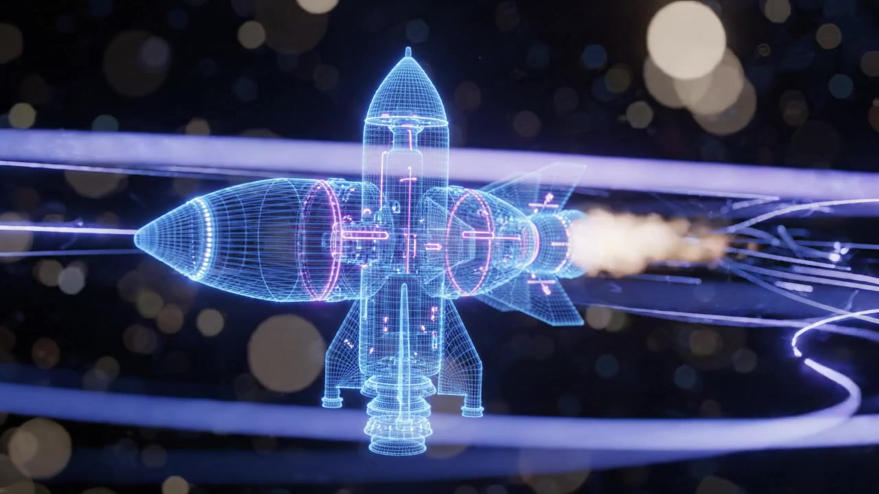 A High-Tech Rocket Launching into Space with a Brilliantly Illuminated Display of Engine Functionality and Digital Detailing in a Futuristic Environment