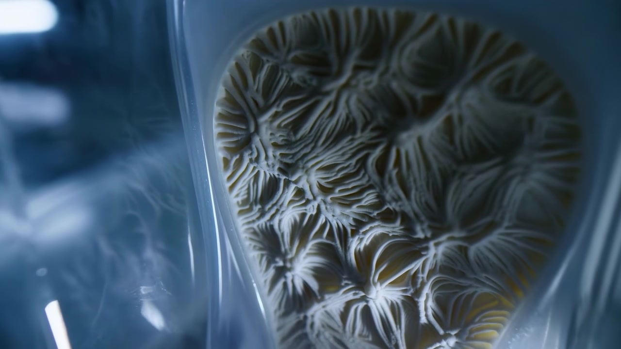 Close-up abstract scene with a textured organic surface behind a curved transparent container, lit by cool blue light with soft reflections and smooth