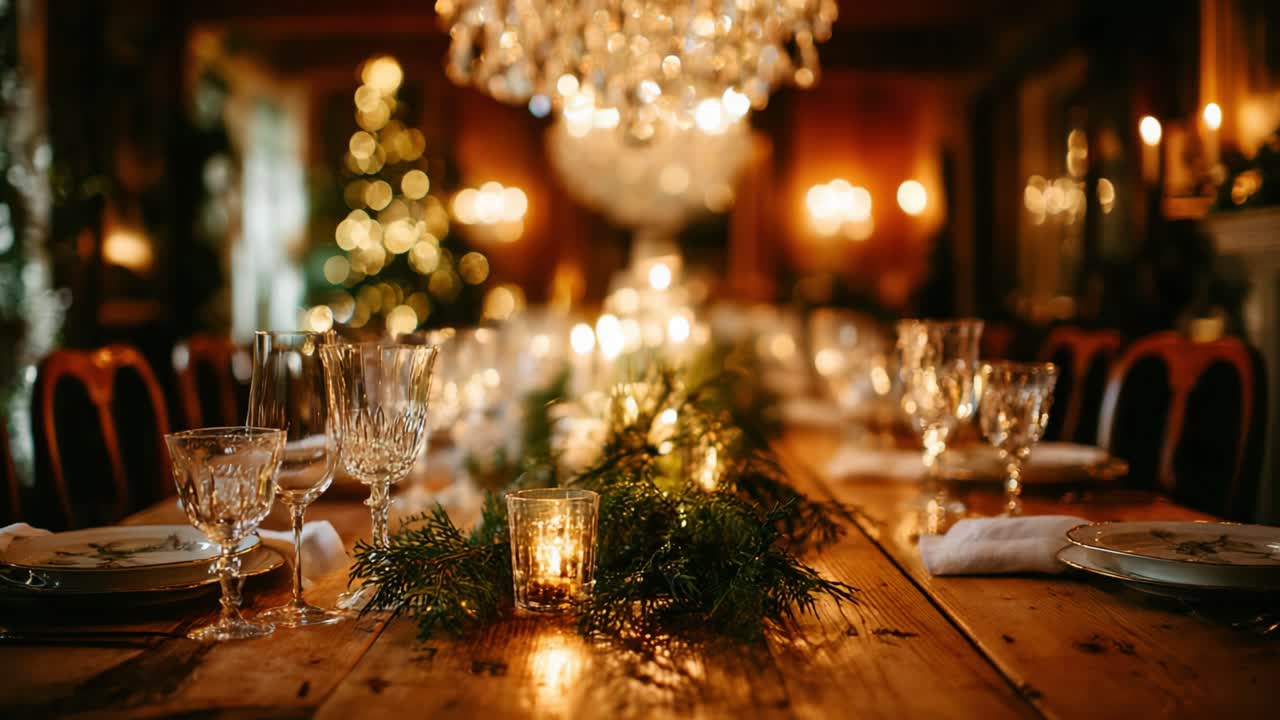 An Elegant Holiday Dining Setup with Fine Glassware and Warm Candlelight, Set Against a Beautifully Decorated Room Featuring a Sparkling Christmas Tree