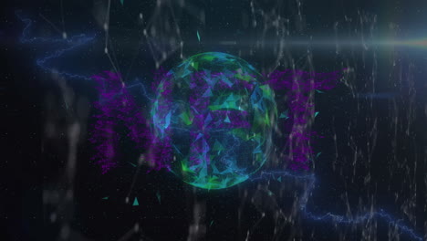 animación de relámpagos, puntos conectados y globo giratorio sobre un fondo abstracto