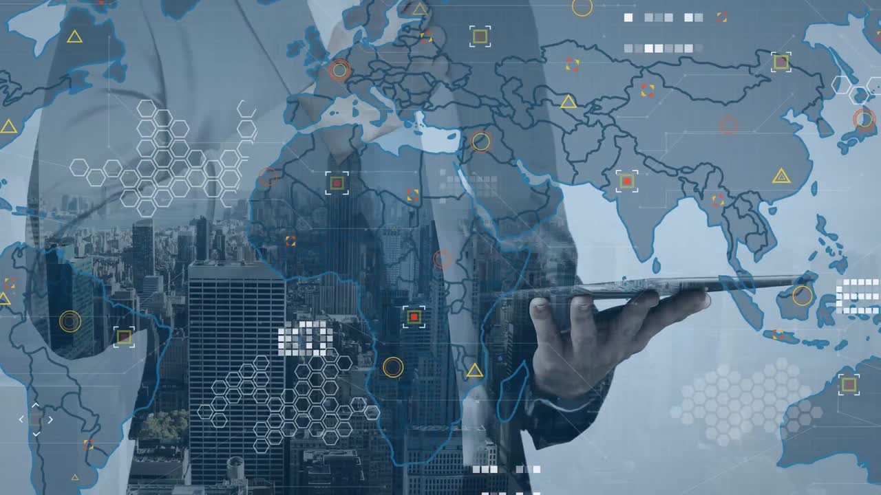 Animation of world map over hands of caucasian businessman using tablet