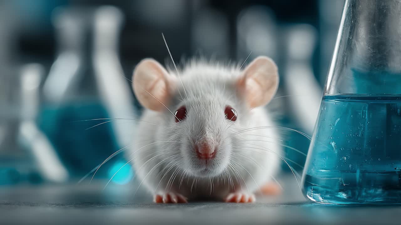 A Close-Up Study of a White Laboratory Mouse Amidst Scientific Equipment in a Controlled Environment, Highlighting Its Curiosity and Role in Research