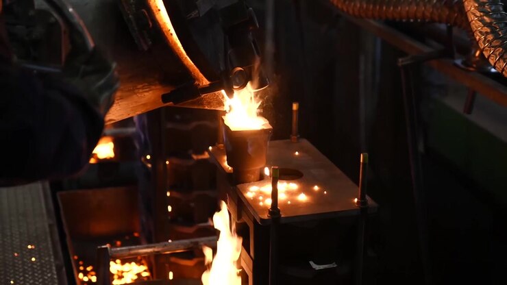 Flames rising from casting mold box during cast iron pouring process at night