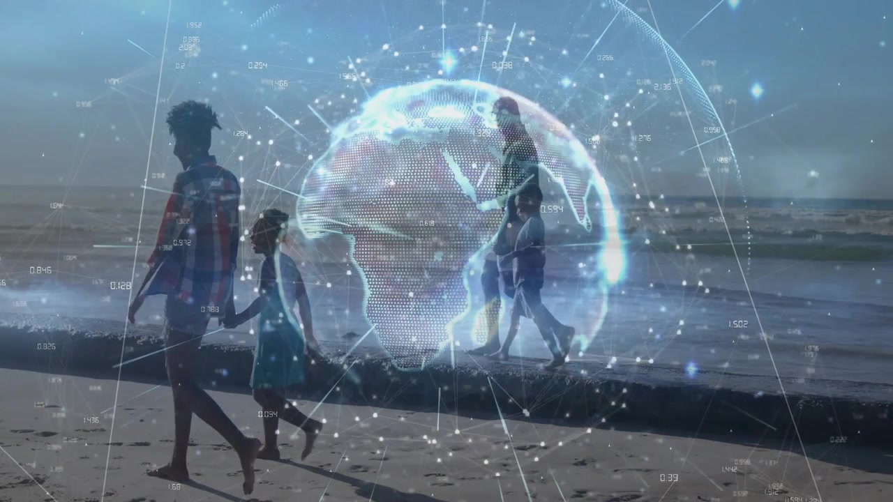 Famiglia che passeggia sulla riva illuminata dal sole, con un globo olografico che ruota e pulsa sopra la famiglia per il riposo