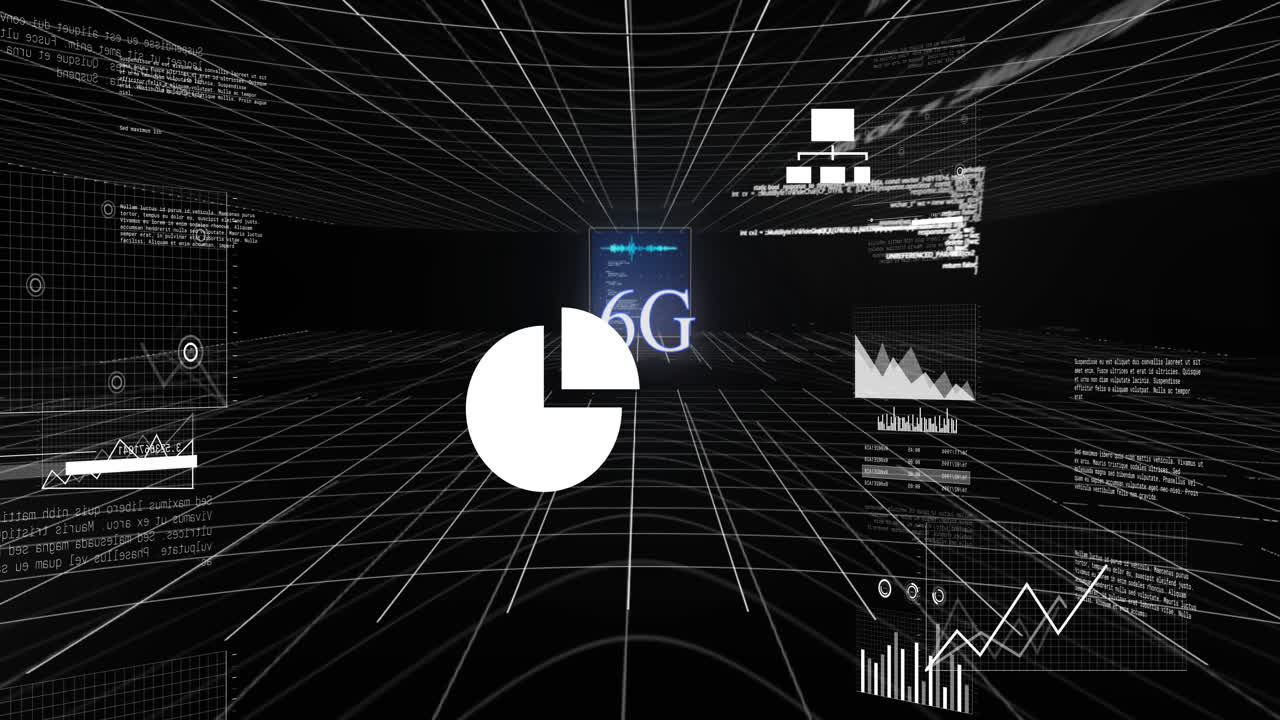 Animation of financial data processing and 6g text over black background