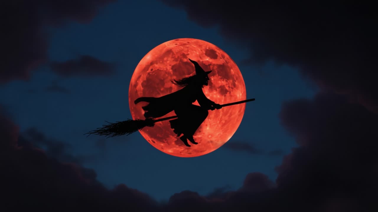 Una misteriosa strega si libra nel cielo notturno su una scopa contro una luna di sangue, circondata da nuvole scure, evocando un senso di incanto e magia occulta
