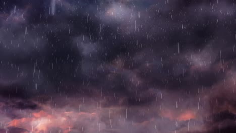 Animation-of-heavy-rain-falling-over-lightning-and-stormy-clouds-background