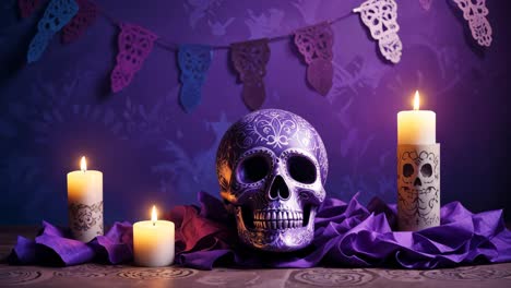 día del altar de los muertos con cráneo de azúcar y velas