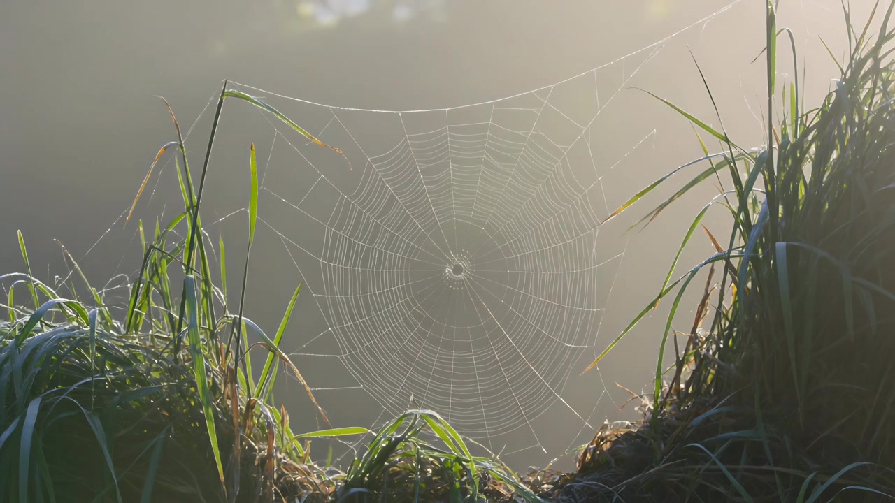 Glowing orb spider web catching low sun backlight between grass clumps at ground level, showing dew