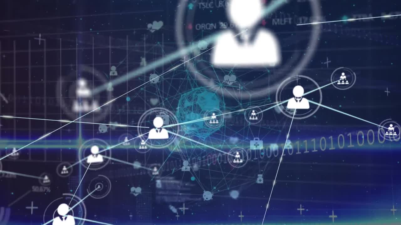 회전하는 지구 위의 프로필 아이콘 네트워크의 애니메이션과 파란색 배경의 데이터 처리