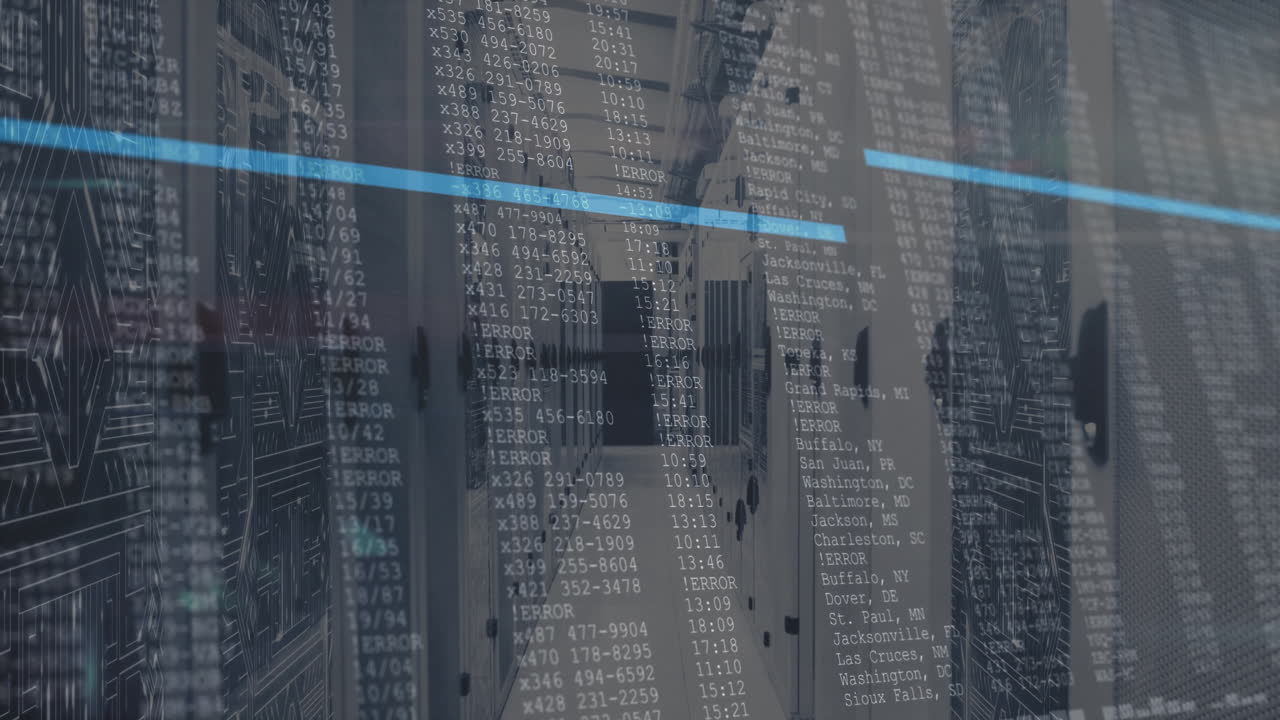 Server corridor being visualized with flanking racks, circuit patterns and floating error codes