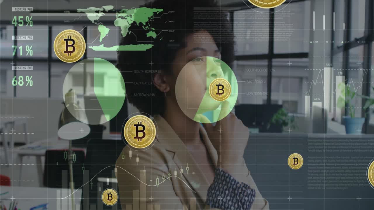 animación de procesamiento de datos financieros y bitcoins sobre mujer de negocios biracial