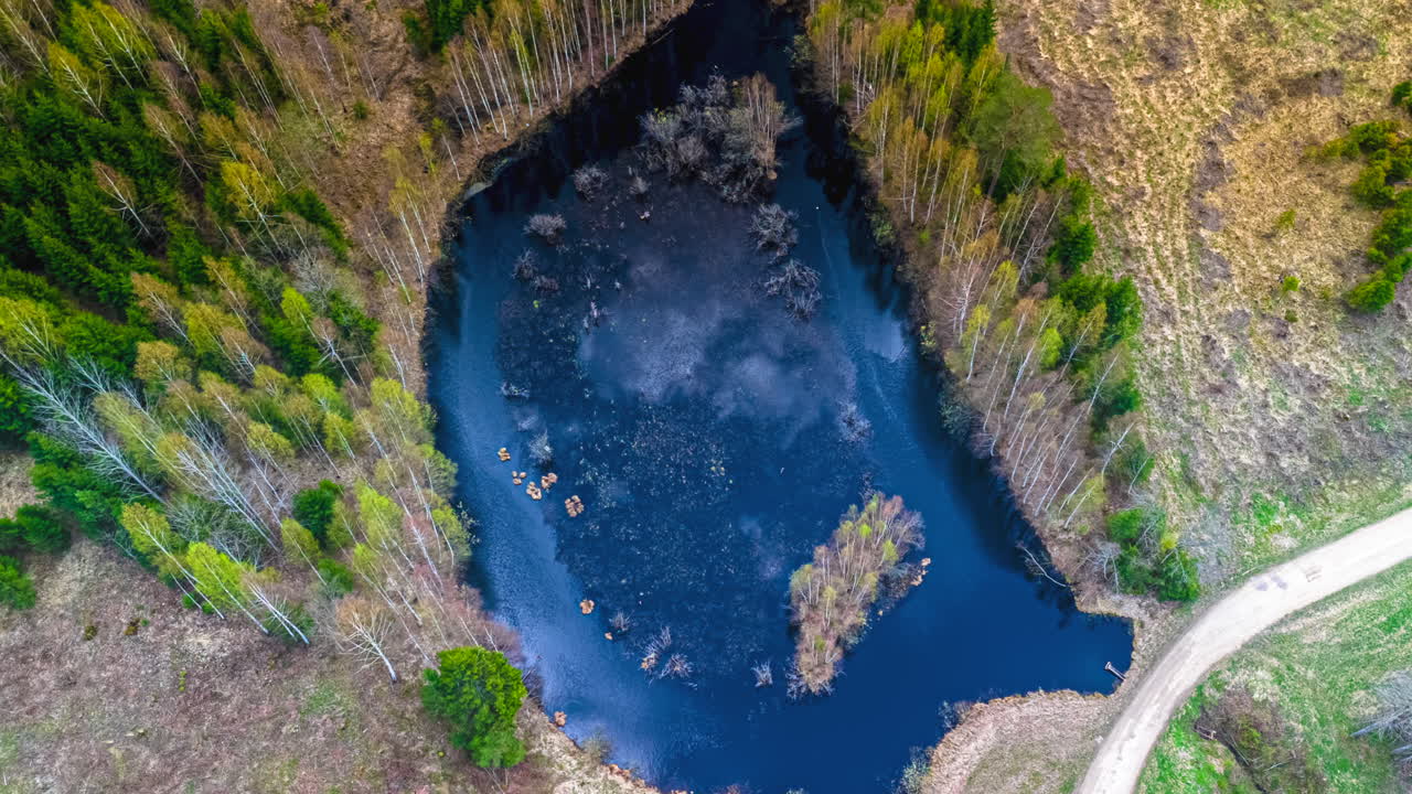 Cloudy Sky Reflections On Small Forest Lake Surrounded By Birch And Pine Trees. aerial topdown shot, timelapse